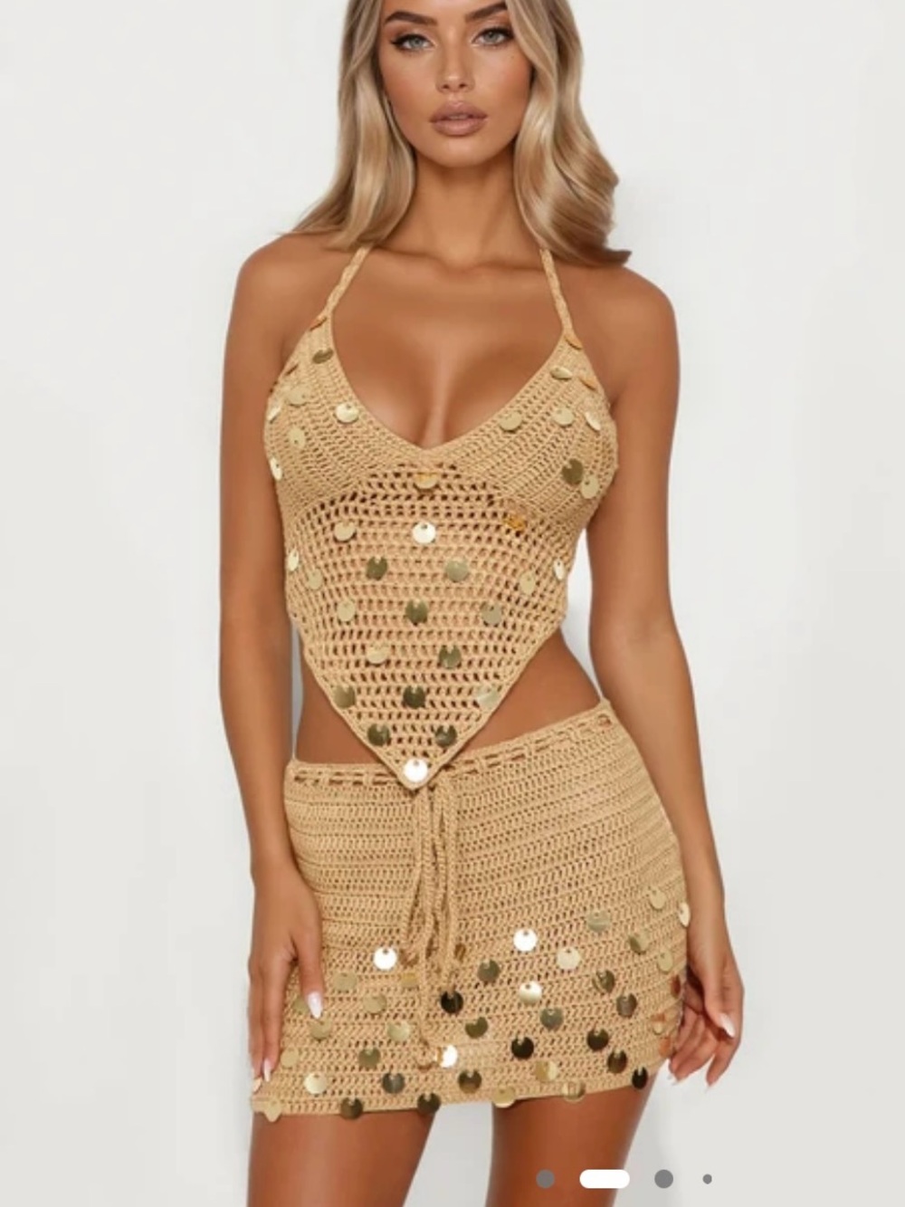 Fashion Nova Beige Crochet Halter Skirt Set with Gold Sequins
